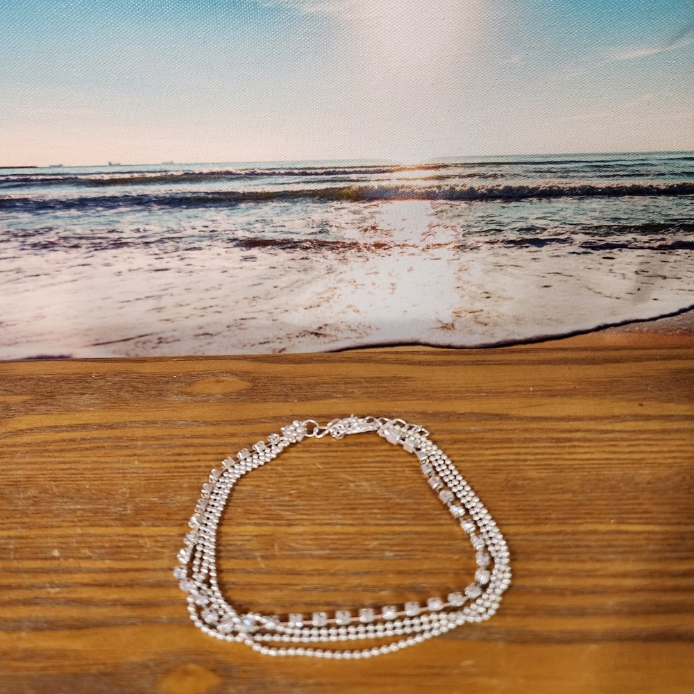 Silver Beaded Rhinestone Chain Tiers Tiered Layered Tennis Ankle Bracelet Anklet - Picture 13 of 16